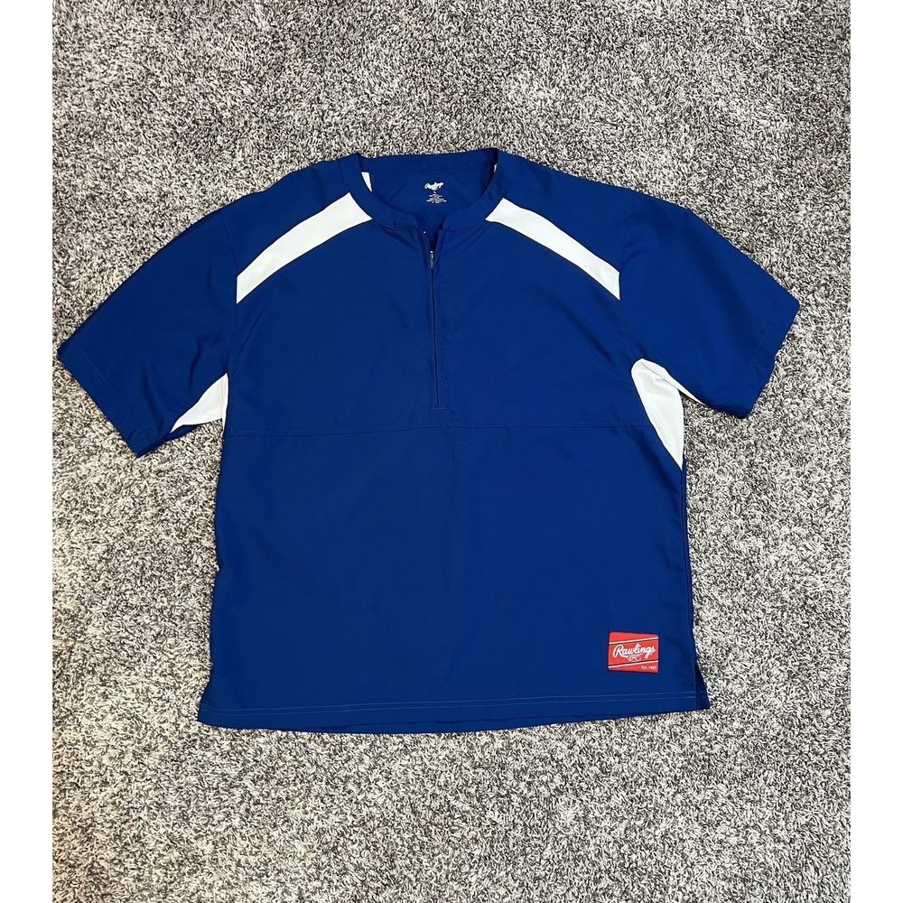 Rawlings Youth Baseball Shirt Blue & White Short Sleeve S Large  Half Zip Shell